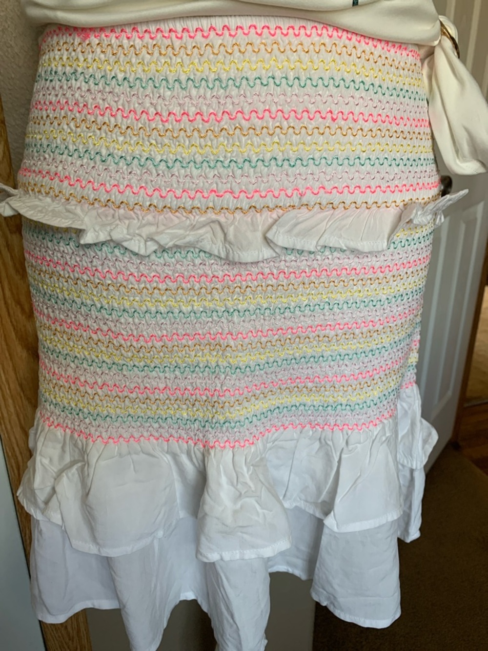 CABANA by crown & ivy White Smocked Ruffle Mini Skirt with Neon Zigzags Size L - Picture 2 of 6